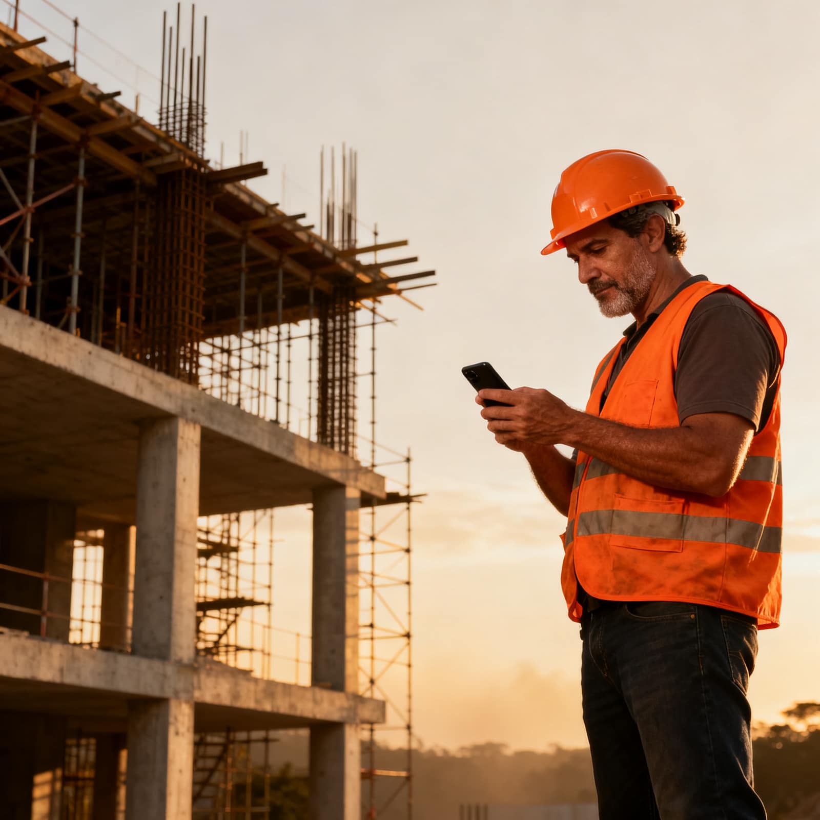 Canteiro de obras com encarregado usando o celular